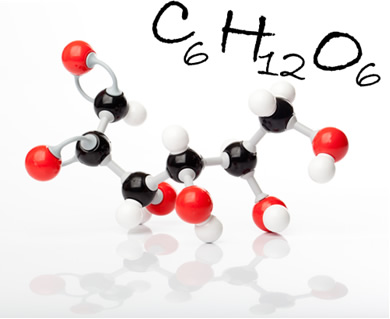 Molécula de glicose e sua fórmula molecular. Na figura, as bolas pretas são os carbonos, as brancas, os hidrogênios; e as vermelhas, os oxigênios