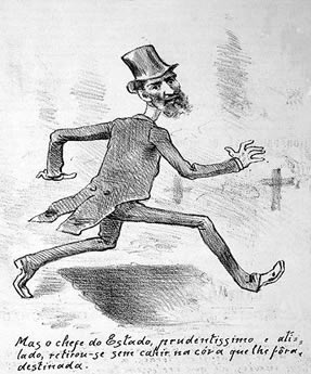 Caricatura de Prudente de Morais publicada na Revista Dom Quixote nº35 de 1895 satirizando as ameaças com as quais o presidente convivia