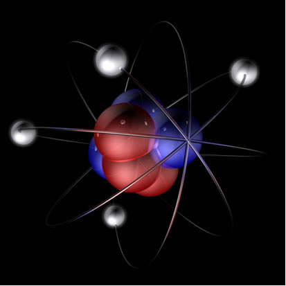 Ilustração de modelo atômico com ênfase no núcleo, local onde se situam os prótons