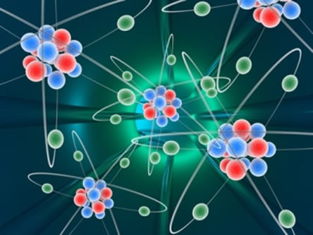 Imagem conceitual de um átomo composto por prótons, nêutrons e elétrons