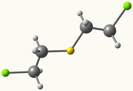 O gás mostarda apresenta em sua composição um átomo de enxofre (esfera amarela)