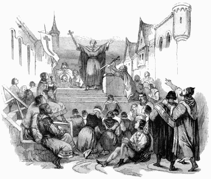 Imagem de Pedro, o eremita, convocando a Cruzada dos Mendigos, movimento popular que antecedeu a Primeira Cruzada
