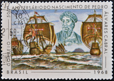 Selo comemorativo do aniversário de Pedro Álvares Cabral, comandante da esquadra que chegou ao Brasil em 1500.*