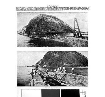 Construção do cais da Urca em foto publicada na Revista Kosmos, Março de 1908. Os portos estavam também no alvo da reurbanização do Rio