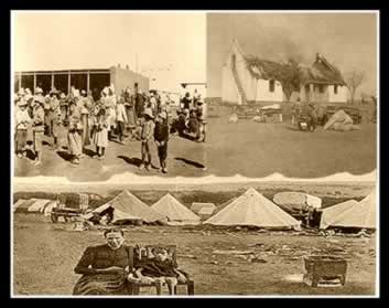 Guerra dos Bôeres: à esquerda e acima, mulheres e crianças nos campos de concentração; à direita, fazenda Bôer destruída; e, na imagem abaixo, mulher 
