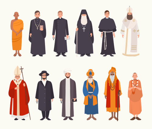 Ilustração de várias pessoas vestidas de acordo com sua religião.