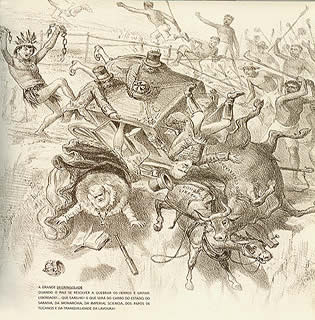 Charge de Ângelo Agostini (1843-1910), A Grande Degringolade, mostrando escravos e índios lutando por liberdade e levando o governo ao precipício